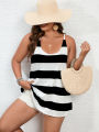 Plus Size Tank Top Casual, V-neck Plus Stripe Print Micro Elastic Camo Top for Women. 