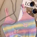 Summer Dopamine Colored Stripes Butterfly Knitted Tank Top Women V Neck Sleeveless Slim Camisole. 