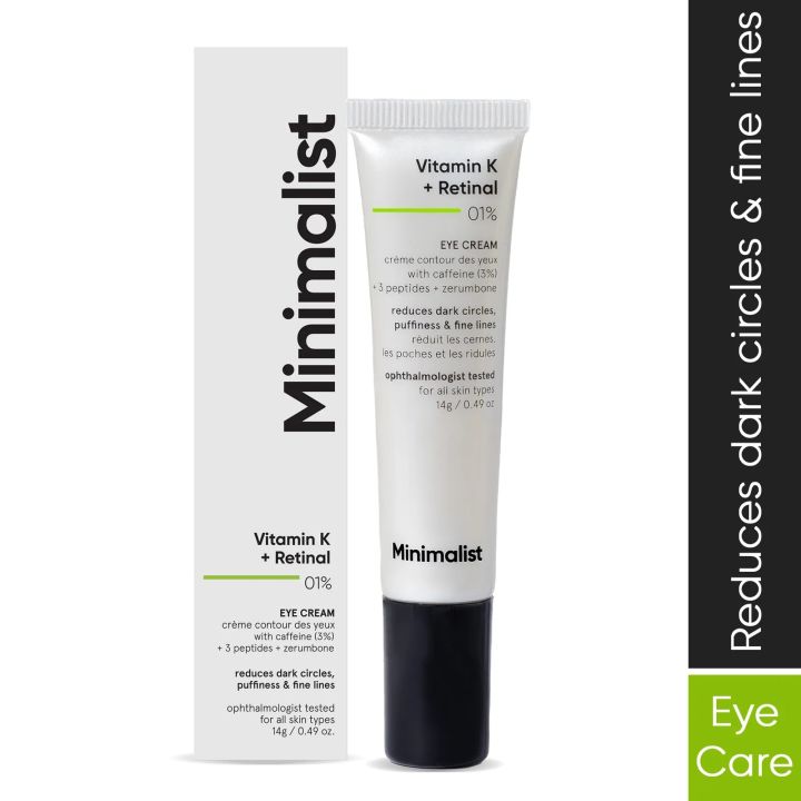 Minimalist Caffeine Eye Cream with Retinal & Vitamin K for Dark Circles, Puffiness, Bags Under Eyes, Wrinkles & Fine Lines | For Women & Men | 0.49 oz / 14 gm