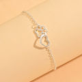 925 sterling silver women's ankle bracelet with double-layer cat claw and heart-shaped charms, Bohemian-style vacation jewelry.