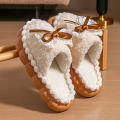 Bow 2025 new cotton slippers women's winter indoor home soft sole non-slip warm plush thick-soled confinement shoes. 