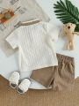 2Pcs Toddler Baby Boy Shorts Set Summer Outfit Infant Bear Collared Short Sleeve Cable T-Shirts And Shorts Kids Clothes For 1-3Y. 