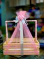 Gift basket, wooden gift basket, birthday gift basket, pink basket, baby girl basket, gift basket for girls & boys. 