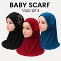 Pack of 3 Muslim Kids Girls Hijab | Islamic Headscarf with Diamontes Flower | One Piece Full Cover Makna Wrap | Ice Silk Scarf for 1-8 Years | Modest Stylish Hijab | Small to XL Sizes | Soft Comfortable | Perfect for Daily, Eid & School Use. 