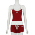 Y2K Women Summer Outfits Set Embroidery Letters Contrast Color Slim Backless Camisole Tops+Drawstring Elastic Waist Shorts.
