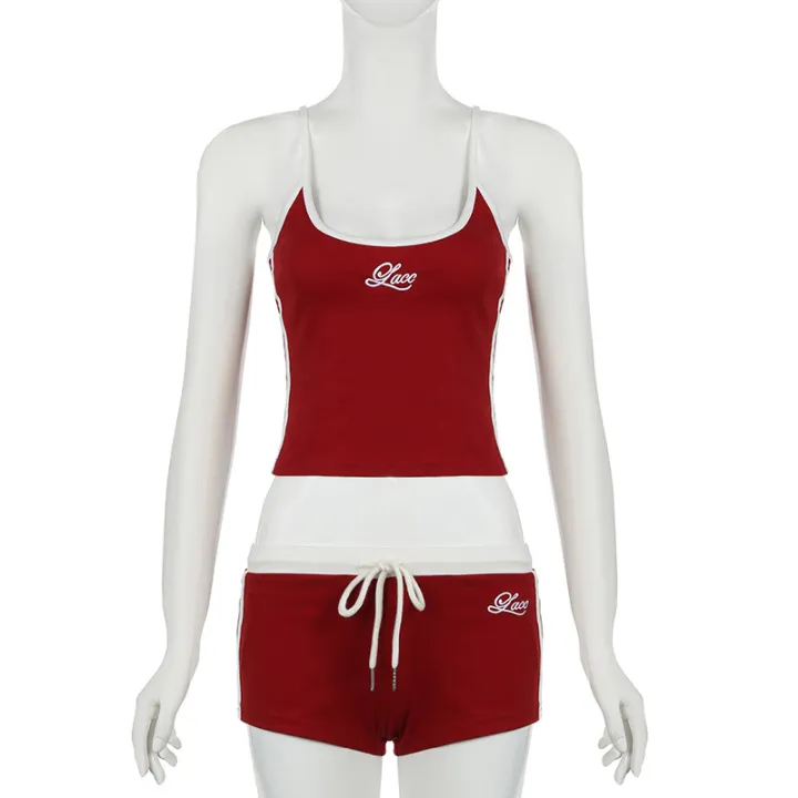 Y2K%20Women%20Summer%20Outfits%20Set%20Embroidery%20Letters%20Contrast%20Color%20%20Slim%20Backless%20Camisole%20Tops+Drawstring%20Elastic%20Waist%20Shorts%20-%20Image%203