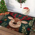 1pc Fluffy Christmas Deer Microfiber Bath Mat - Quick-Dry & Absorbent, Festive Holiday Design with Red Berries & Green Leaves.