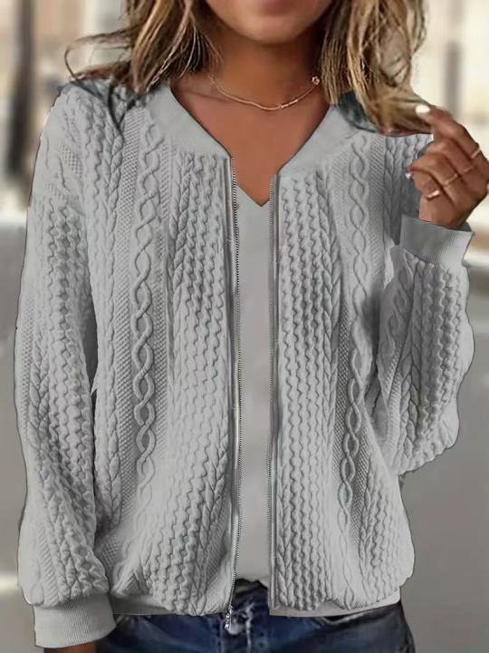 Plus-size%20women's%20solid%20color%20long-sleeve%20open-collar%20casual%20knitted%20twist%20zip%20jacket%20coat%20-%20Image%203