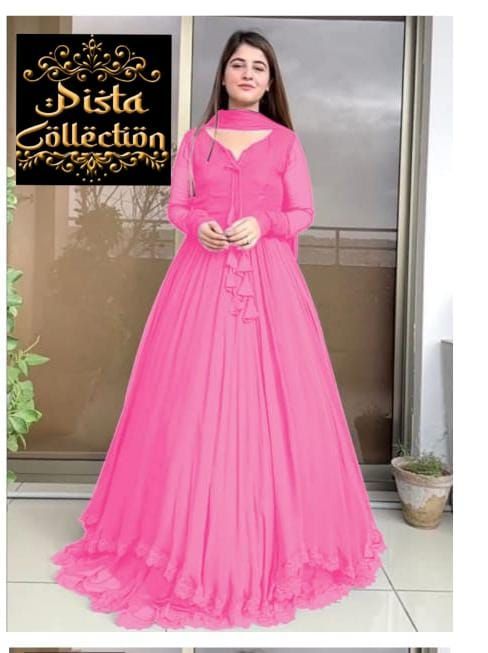 Two Layer Border Front & Back Lace work Long Flare Maxi With Plain Duptta 3PCs