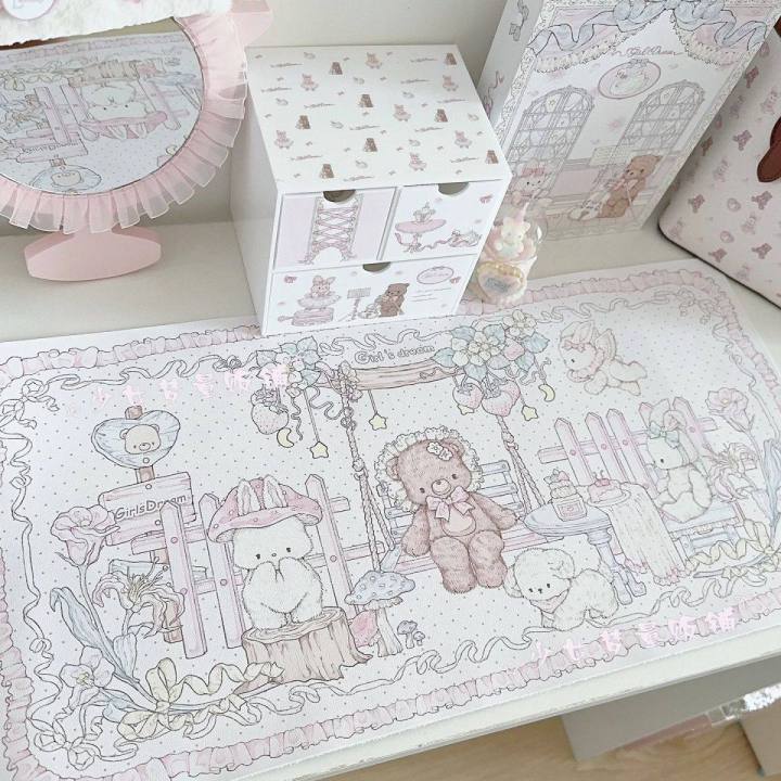 Cute Girlish Heart Strawberry Tea Party Animal PU Leather Mouse Pad Large Waterproof Desktop Keyboard Desk Pad Gaming Mousepad