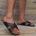 Men's minimalist set with flat heel cross slippers and wooden slippers.