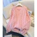 MEXZT Harajuku Sweater Women Fashion Oversized Pink V Neck Knitted Pullovers Korean Long Sleeve Knitwear Winter Casual Jumpers.