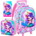 3Pcs Rolling Backpack for Girls, Kids Roller School Backpack with Wheels, Mermaid Wheeled Bookbag for Elementary Preschool Kinde. 