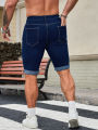 Men's Dark Blue Denim Shorts, Straight Fit Rolled Hem Jean Shorts. 