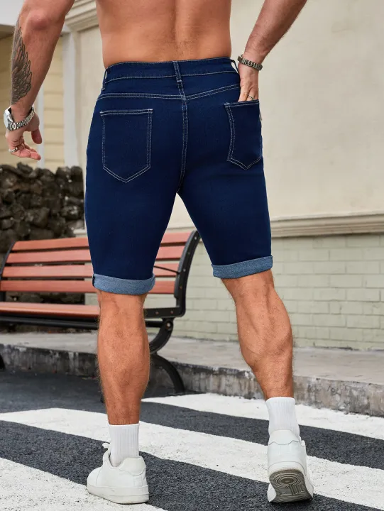 Men's%20Dark%20Blue%20Denim%20Shorts,%20Straight%20Fit%20Rolled%20Hem%20Jean%20Shorts%20-%20Image%202
