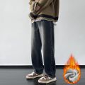 4 Colors Winter Fleece Men's Jeans Baggy Straight Elastic Waist Denim Pants Fashion Korean Thickened Warm Male Thermal Trousers. 