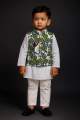 Boys Panjabi with Printed Waistcoat & White Payjama / Trouser – Kids 3 Piece Eid & Party Wear Set (White, Maroon, Light Indigo, Sky Floral). 