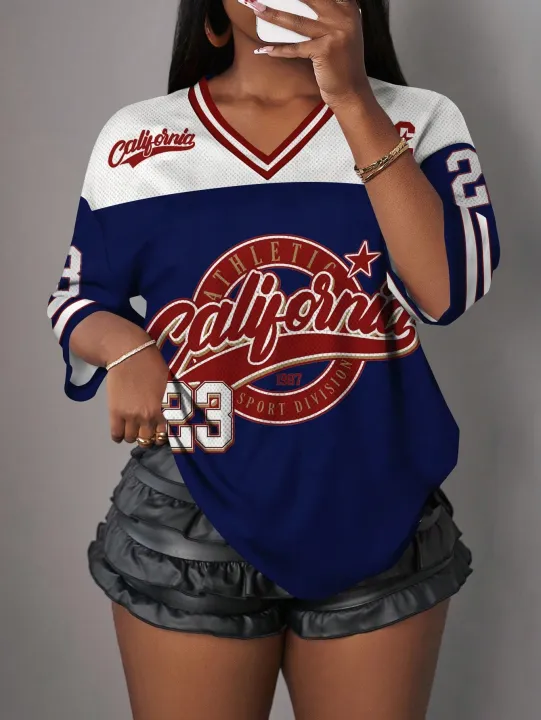 European%20And%20American%20Women's%20Fashionable%20Casual%20V-Neck%20Short%20Sleeved%20T-Shirt%20No.23%20Loose,%20Breathable%20And%20Comfortable%20Sports%20Top%20-%20Image%203
