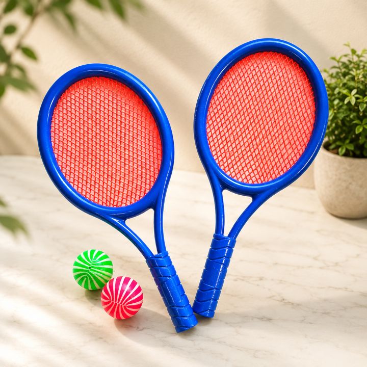 Kids Tennis Racket Set for Boys & Girls with pack of 2 Rackets & Balls Lightweight Outdoor Indoor Sports Toy Set Plastic Tennis Bat Game for KidsFun Garden Beach Park Play Toy Durable Training Racket Pack for Children Family Sports Game Gift Set for Kids