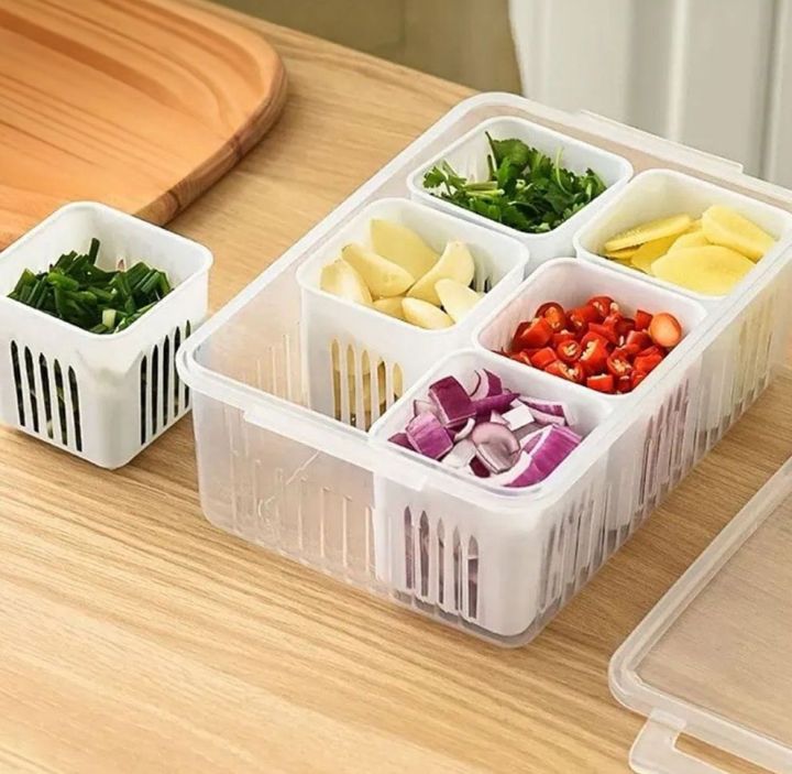 Refrigerator Storage Box 6 Grid Food Vegetable Fruit Storage Box Fridge Organizer Drain Basket Meat Onion Ginger Clear Crisper
