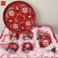 Chinese tea set Tea Tea Cup auspicious wedding tea ceremony Tea Set 4 tea water glass with teapot and Gold red tile tray. 