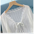 Sheer Lace Cardigan with Lace Trim Tie Front Long Sleeve Crop Top Women Textured Shrug Spring Summer 2026 Shrunken Cardigan.