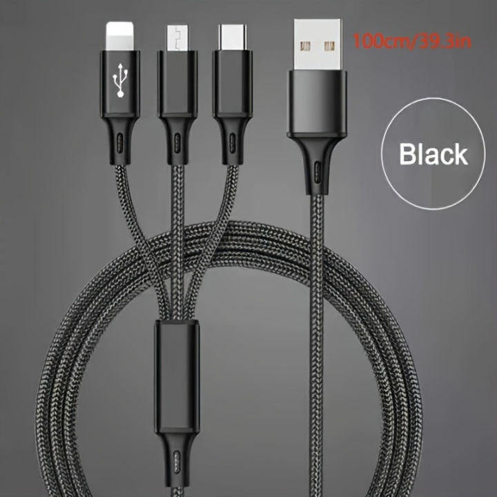 Multi-function Charging Cable 1.2M Charging Cable Nylon Braided Fast Charging Universal 3-in-1 Charging Cable Adapter For IP/Type-C/Micro-USB Ports, Compatible With Mobile Phones, Tablets