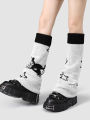 Vintage Autumn Winter Japanese Skeleton Element Leg Warmers Subculture Y2k Slimming Student Pile Socks Front and Back 2 Wearing.