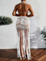 Crochet Tassel Bikini Cover Up Dress Beach Wear Women Tie Up Bather Bathing Suit Tassel Long Skirt Swimsuit Cover Up Beach Dress. 
