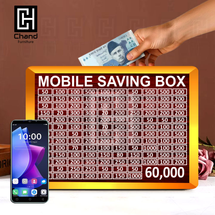 60,000 PKR Mobile Saving Money Box - Daily Targeted Challenge Money Saving Chart | Wooden Money Box, Saving for Adults and Kids, Cash Vault Savings Challenge Box with 60K Targets, Budgeting and Savings Goal Cash Bank for Boys and Girls (Wood)