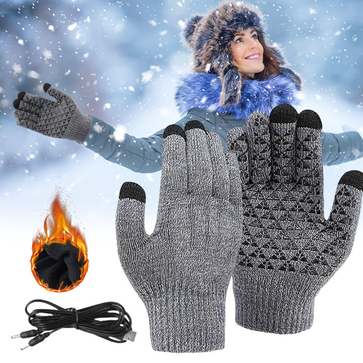USB Heating Gloves Touch Screen Winter Snowboard Gloves Knitted Gloves Hand Warmer for Backpacking Mountaineering Riding Camping