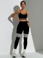Women's High-Waisted Butt-Lifting Yoga Pants, Striped Seamless Fitness Leggings, Tummy Control Workout Pants.