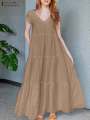 2024 ZANZEA Summer Maxi Long Dress Women Bohemian Holiday Sundress V Neck Short Sleeve Robe Femme Casual Loose Ruffles Vestidos.
