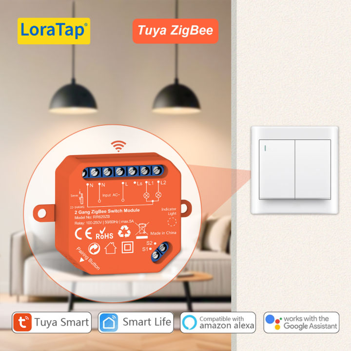 LoraTap Tuya ZigBee Wireless 2 Gang Switch Relay Module Smart Life App Remote Control Timer Work with  Assistant Alexa