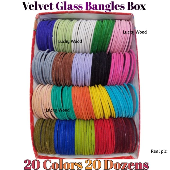 ( Pack of 20 ) Velvet Glass Bangles for girls and women, 20 sets in 20 colours each set include 12 pieces, Wedding package , velvet glass bangles box , gift box