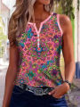 Boho Print Plus Size Women's V-Neck Button Vest - Elegant Ethnic Chic Casual Wear.