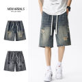 Summer Thin Denim Shorts Men's Retro Streetwear Blue Gray Stretch Straight Loose Fashionable Casual Ripped Short Jeans Men.