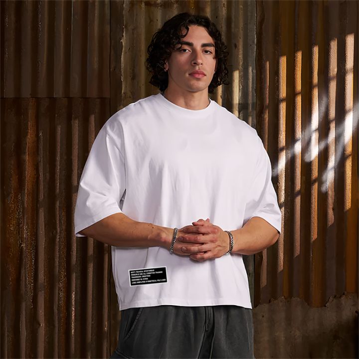 Oversized Boxy Dropped Shoulders Mens Running T-shirts 100% Cotton Heavyweight Half Sleeve Sports T Shirts Casual Gym Clothing