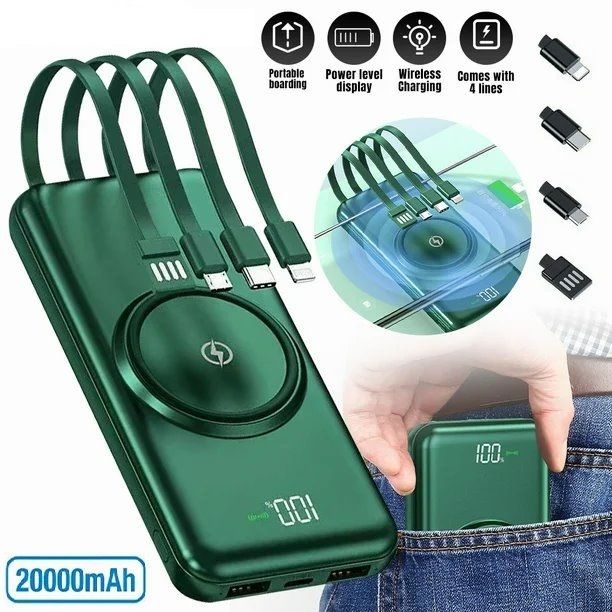 Power Bank with Built-in 4 Cable, 20000mAh Wireless Portable Charger,6 Outputs & 3 Inputs Fast Charging External Power Delivery USB-C Battery Pack