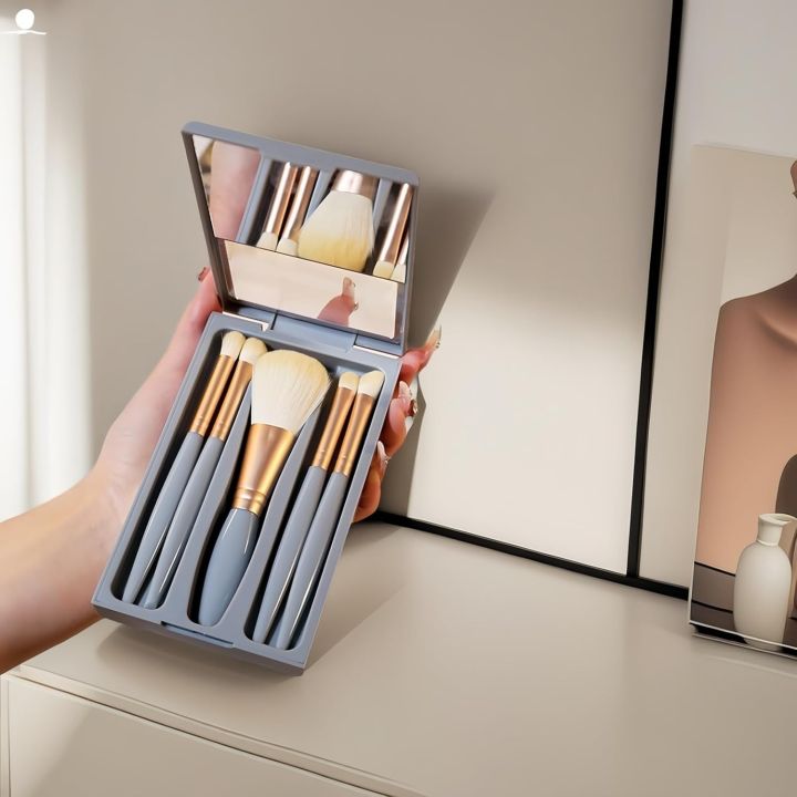 5-Piece Professional Makeup Brush Set with Mirror & Travel Case | Hypoallergenic Vegan Bristles for Sensitive Skin | Luxury Gift-Ready Box, Portable Cosmetic Kit for Brides, Travel, On-the-Go Touchups