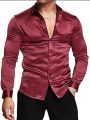 Men's luxurious shiny silk satin dress shirt Long sleeved casual slim muscle button-down shirt. 