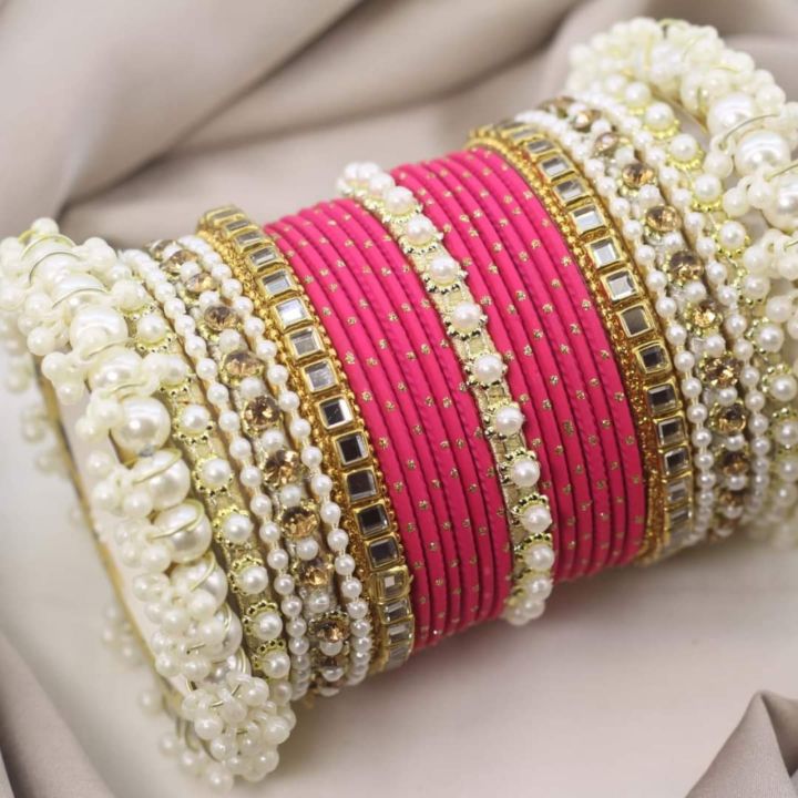 Bangles for girls , Bridal Pearl Kundan Bangle Set with Dotted Bangles | Trendy Pearl Bangle With Bond Babgles | Bridal Bangles Set | Matching Bangles Set , jewellery for girls , golden dotted bangles set