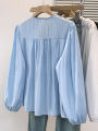 2026 V-neck Long Sleeved Plus Size Shirt Loose Pleated Ruffle Oversized Tops Ladies Chic Elegant Solid Versatile Blouse. 
