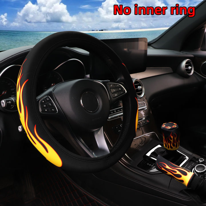 3-piece Flame Fabric Waterproof Steering Wheel Cover without Inner Ring Handbrake Cover Handle Cover Fits 14.5-15 Inches