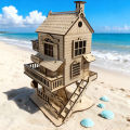 3D wooden house jigsaw puzzle model, DIY construction kit, creative treehouse building set, wooden interlocking blocks. 