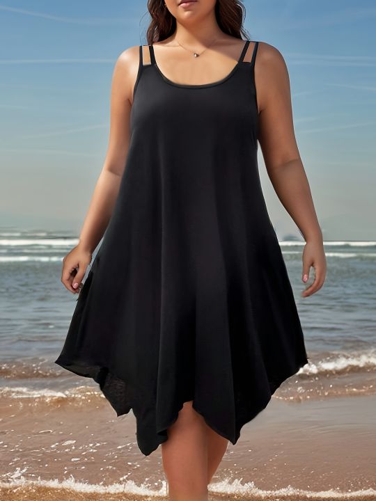 Large women's solid color asymmetrical hem camisole dress