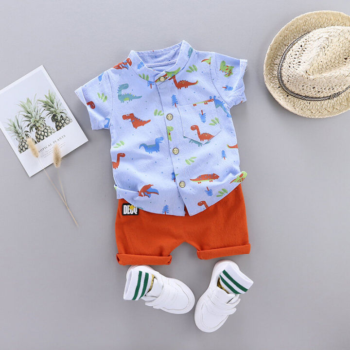 2PCS Baby Set Summer Fashion Dinosaur Random Print Standing Neck Shirt Short Sleeve Shorts Set