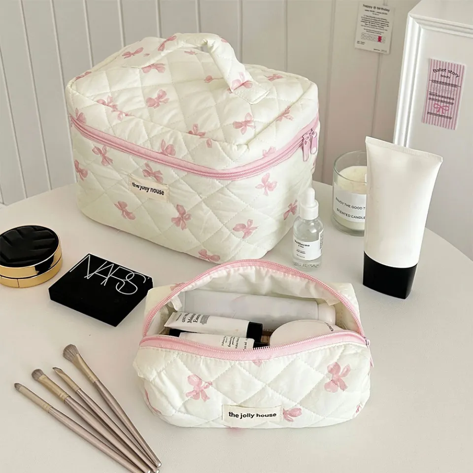 Cute Bow Flower Quilting Cotton Makeup Bag Women Zipper Cosmetic
