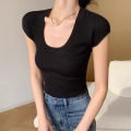 2026 Basic U-neck Solid Thin Summer Pullover Women Female Knitted Ribbed Sweater Slim Short Sleeve Bodycon T-Shirt. 