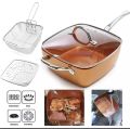 MIGAS Deep Dish Square Pan 9.5″ Inches Copper 5 in 1 Non Stick Fry Ceramic Non-Stick Pan Copper Square Pan Induction Chef Glass Lid Fry Basket Steam Rack 4 Piece Set  low price. 
